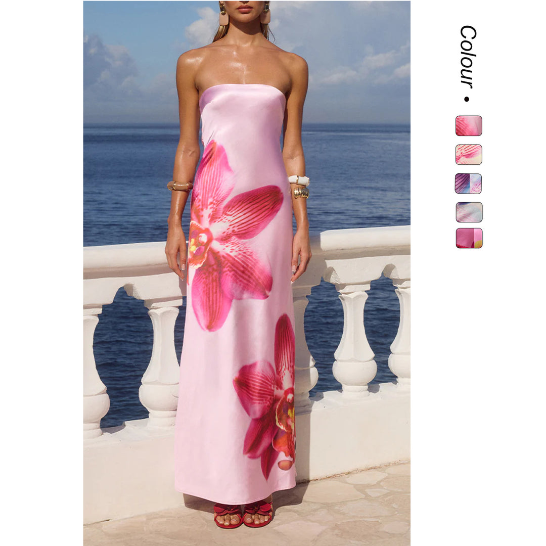 Damen Strapless Maxikleid mit floralem Druck und fließendem Stoff EB