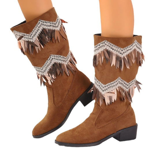 Damen Stiefel mit modischen Fransen und Glitzerdetails EB