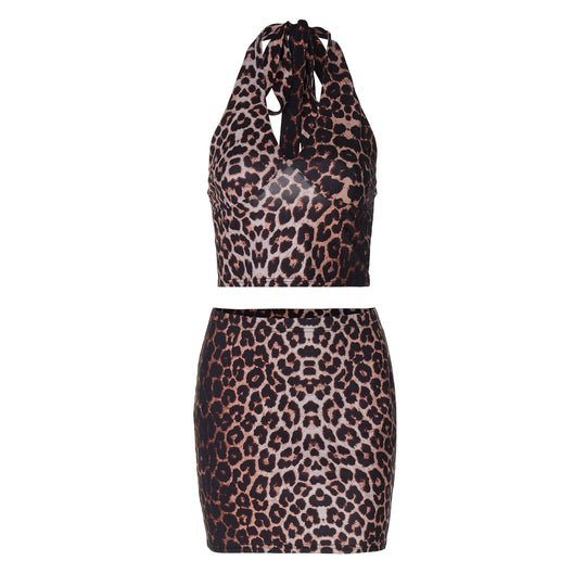 Damen Leo-Muster Crop Top und Minirock Set EB
