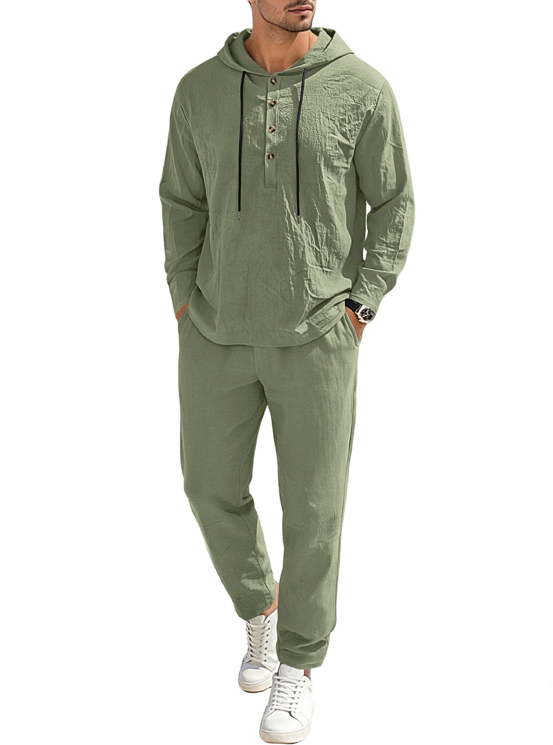 Herren nan entspannter Kapuzen-Henley Freizeitanzug aus leichter Baumwollmischung in Leinenoptik mit Kordelzug und elastischer Bundhose EB