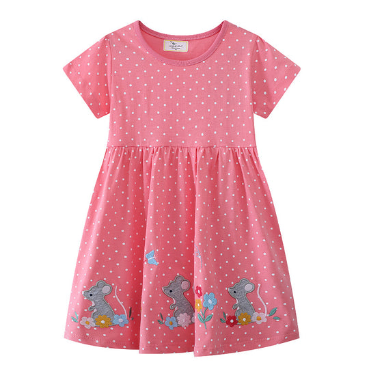 Mädchen Kleid mit lustigem Mausmotiv und Punkten EB