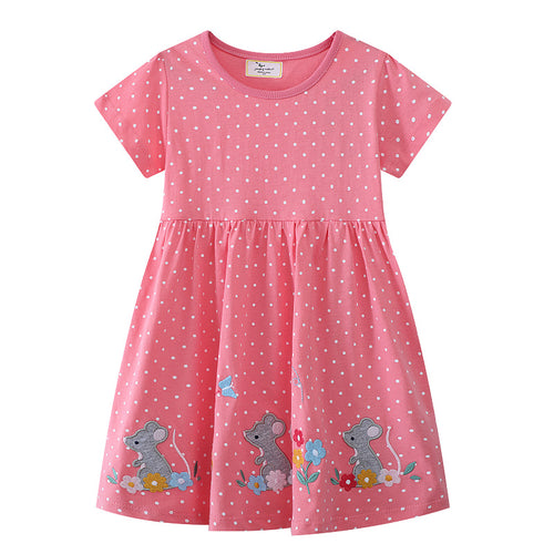 Mädchen Kleid mit lustigem Mausmotiv und Punkten EB