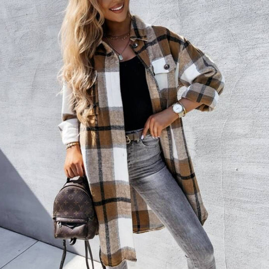 Damen lässige Karo-Hemdjacke mit asymmetrischem Schnitt und Taschen EB