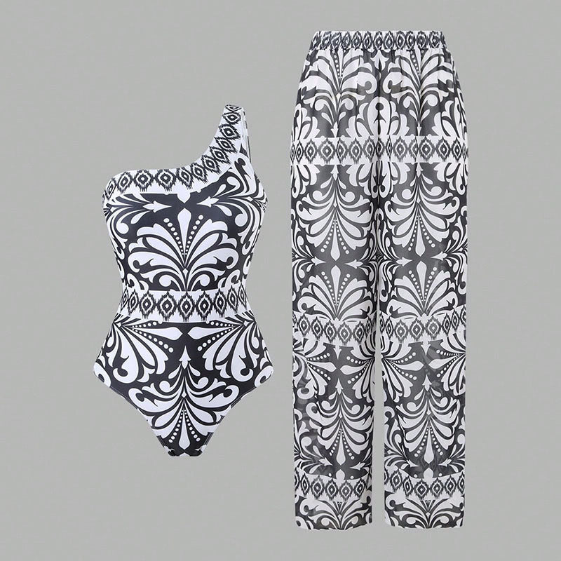 Damen einteiliger Badeanzug mit farbenfrohem Druck und passender Palazzo-Hose EB