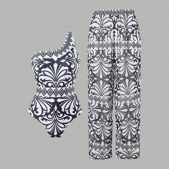 Damen einteiliger Badeanzug mit farbenfrohem Druck und passender Palazzo-Hose EB