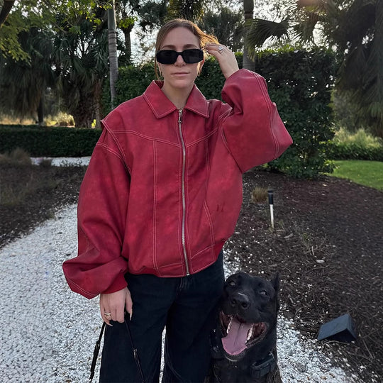 Damen Kunstlederjacke mit voluminösen Ärmeln und hohem Kragen EB