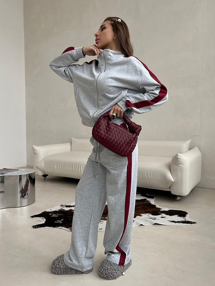Damen Velours-Loungewear-Set mit Stehkragen, Zip-Jacke und weitem Palazzo-Hosenbein EB