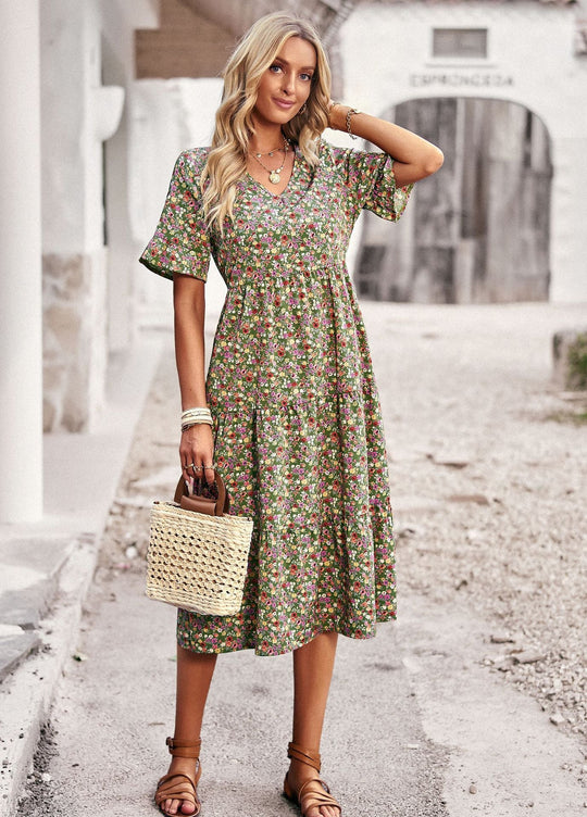 Damen Midi-Kleid mit Floralem Muster und Verspieltem V-Ausschnitt EB