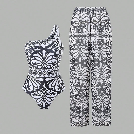 Damen Einteiler Badeanzug mit elegantem asymmetrischen Design und passender Hose EB
