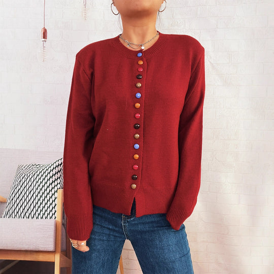 Damen stilvolle Strickjacke mit bunten Knöpfen EB