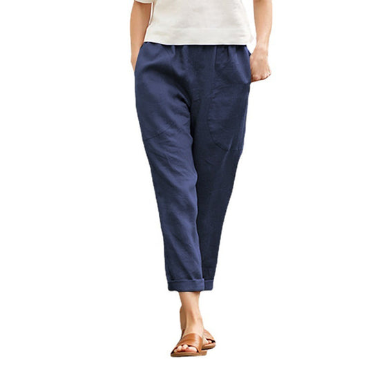 Damen nan leichte Leinenhose mit elastischem Bund, seitlichen Eingrifftaschen und gekrempeltem Saum EB