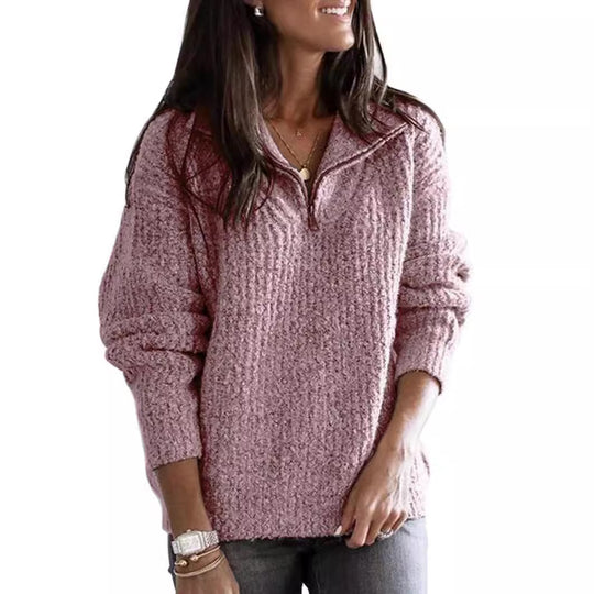 Damen nan weicher Strukturstrickpullover mit halbem Reißverschluss und Troyerkragen EB