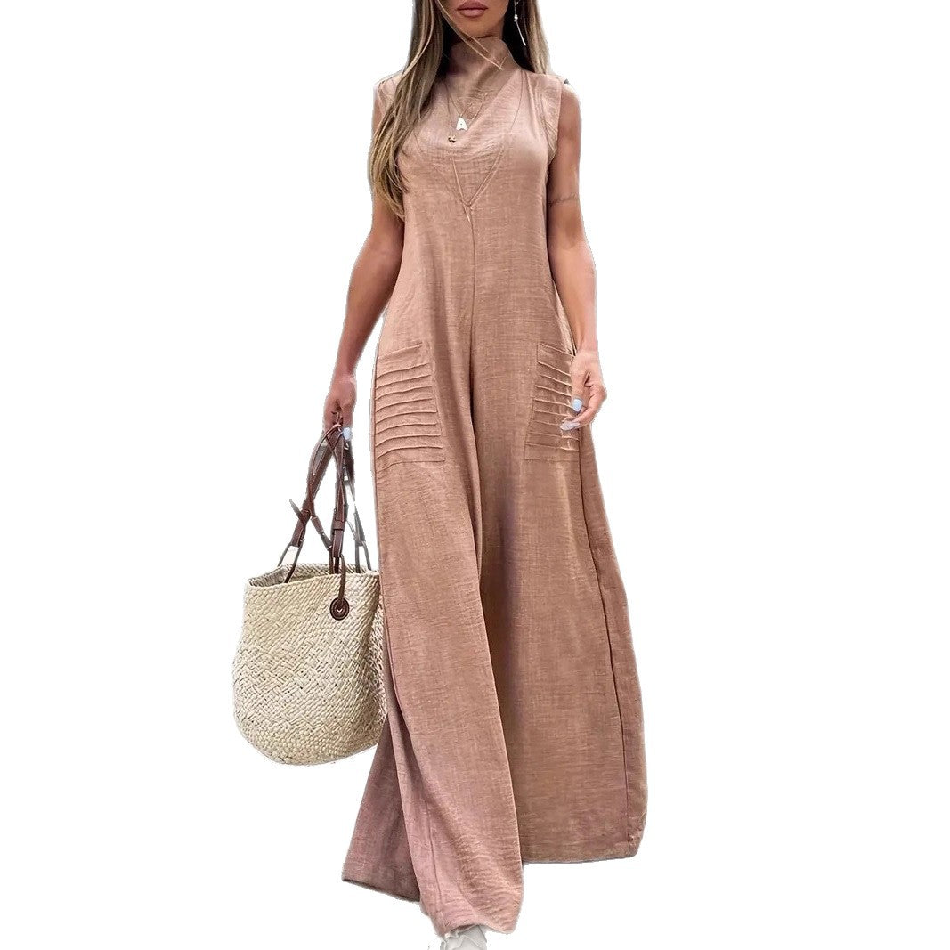 Damen luftiger Maxijumpsuit mit dekorativen Falten und seitlichen Taschen EB