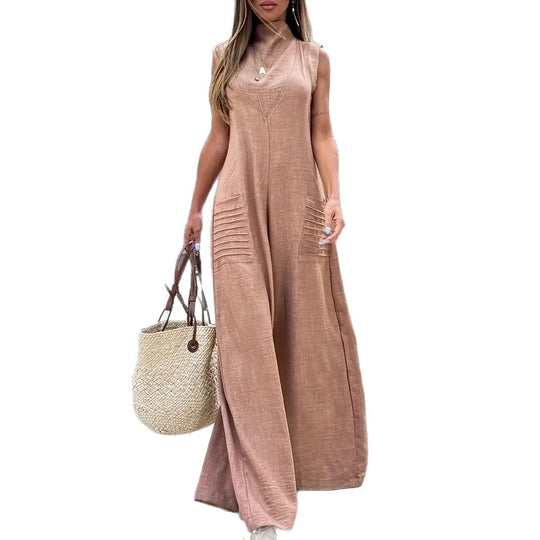 Damen luftiger Maxijumpsuit mit dekorativen Falten und seitlichen Taschen EB