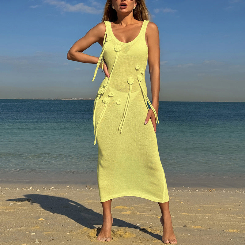 Damen Elegantes Strickkleid mit Blumenapplikationen und seitlichem Bindegürtel EB