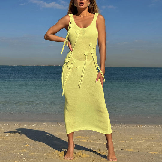 Damen Elegantes Strickkleid mit Blumenapplikationen und seitlichem Bindegürtel EB