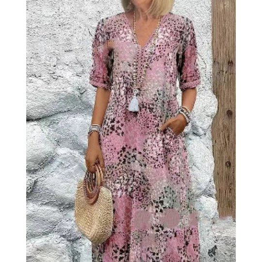 Damen Strandkleid im lässigen Stil mit Taschen und V-Ausschnitt EB