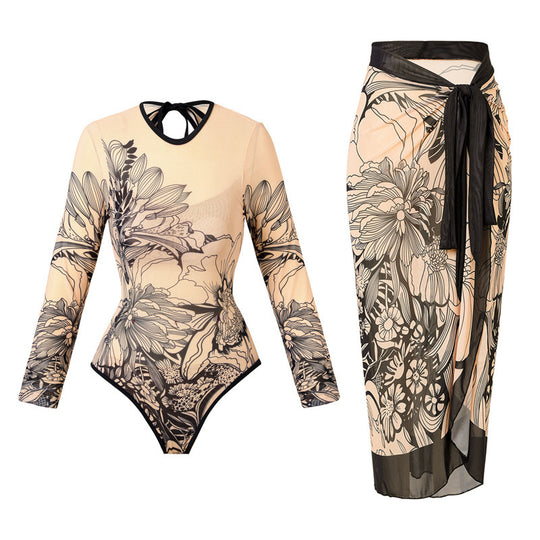 Damen Einteiler Badeanzug mit floralem Design und modischen Langarmhosen EB