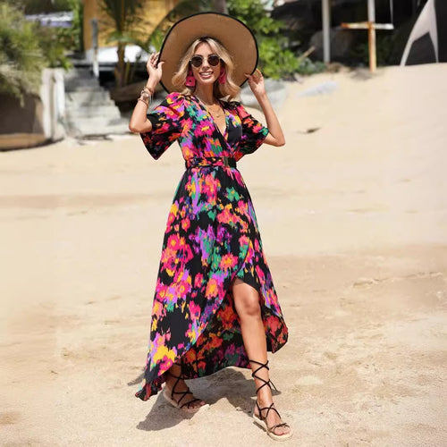 Damen Maxikleid mit asymmetrischem Saum und floralem Print EB