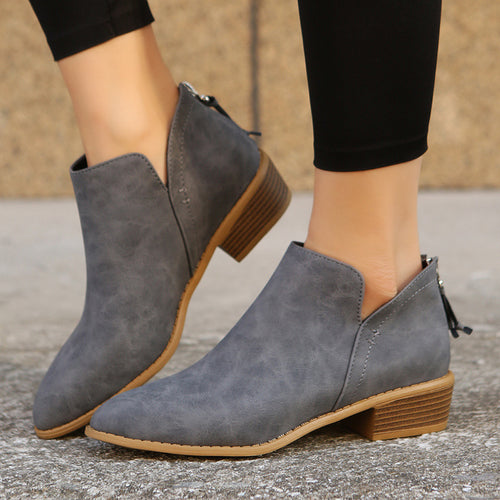 Damen nan spitze Ankleboots mit niedrigem Holzblockabsatz, V‑Cut Seitenöffnung und rückseitigem Reißverschluss EB