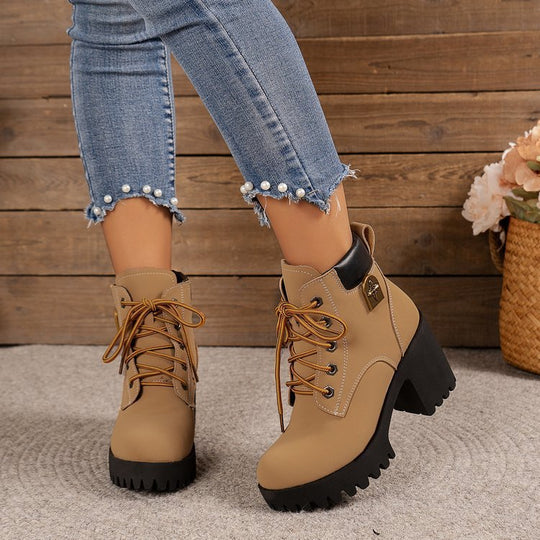 Damen modische Ankle Boots mit robustem Blockabsatz und elegantem Schnürdesign EB