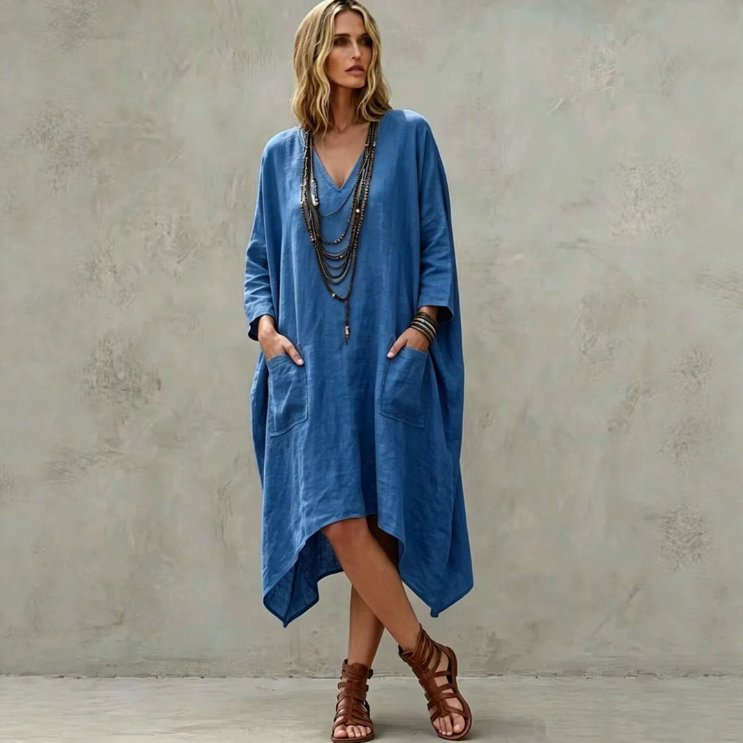Damen nan Oversize Kaftankleid mit V-Ausschnitt, Eingrifftaschen und asymmetrischem Saum EB