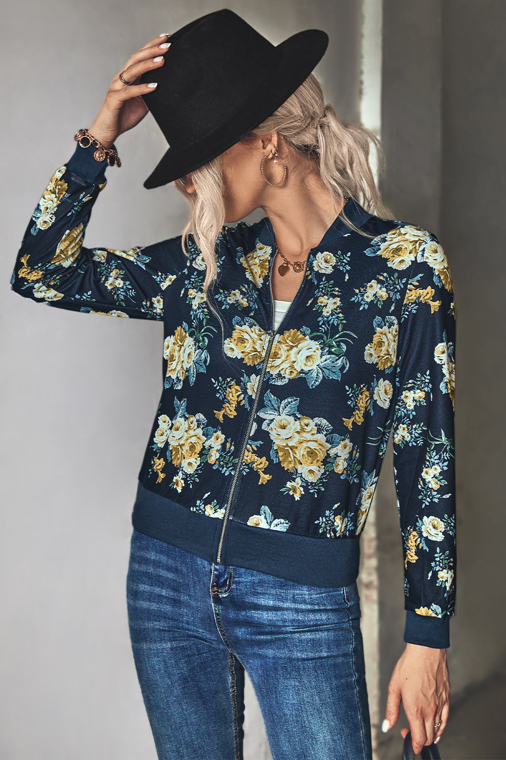 Damen Blütenmuster Freizeitjacke mit Reißverschluss und elastischen Bündchen EB
