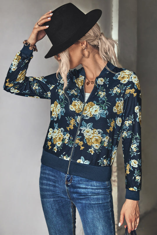 Damen Blütenmuster Freizeitjacke mit Reißverschluss und elastischen Bündchen EB