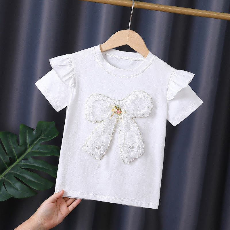 Mädchen T-Shirt mit dekorativem Rüschendesign und kunstvollem Schleifenmotiv EB