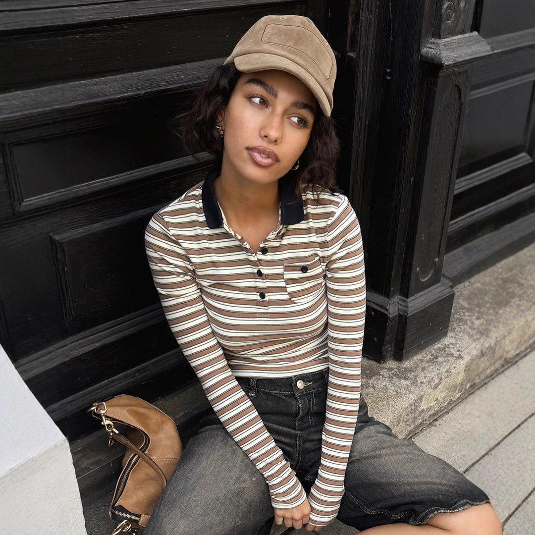 Damen nan gestreiftes Polo-Crop-Longsleeve mit kontrastkragen und Brusttasche EB