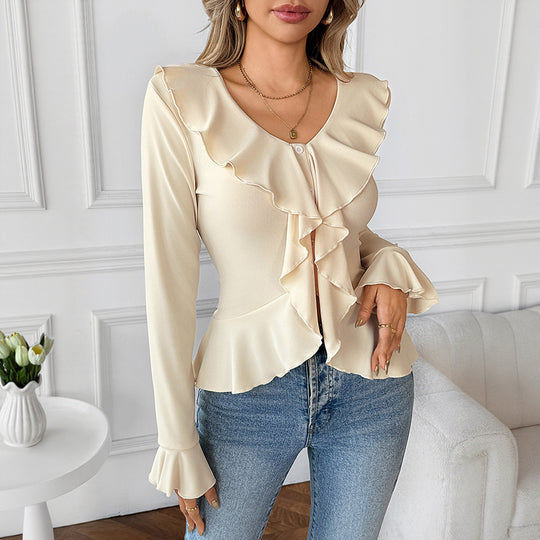 Damen Chiffon-Volantbluse mit Knopfleiste, Tailliertem Schößchen und Rüschenkragen EB