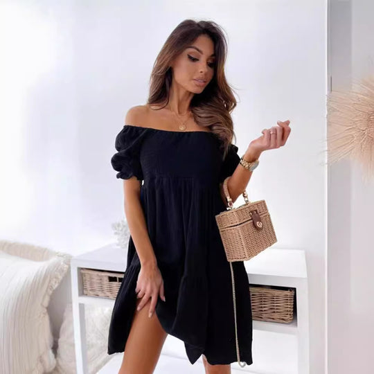 Damen lässiges Sommerkleid mit Puffärmel und Volants EB