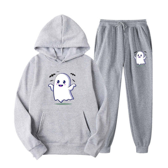 Unisex nan kuscheliger Kapuzenpullover und Jogginghose Set mit Halloween-Geistprint EB