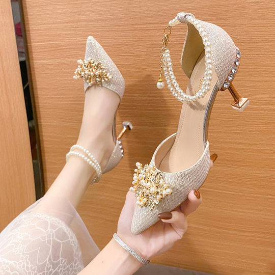 Damen elegante Pumps mit Perlenschmuck und glitzerndem Absatz EB