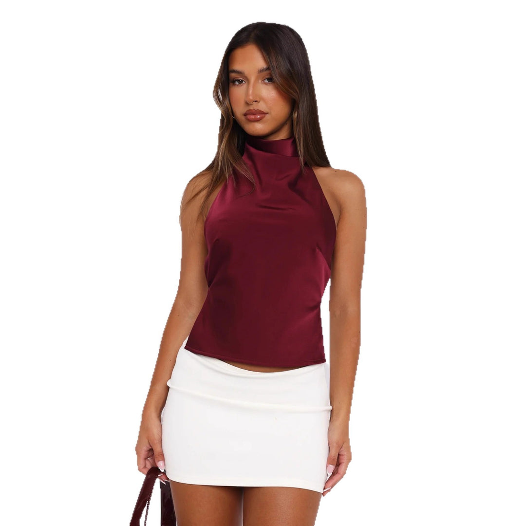 Damen Elegantes Hochgeschlossenes Top aus Satin EB