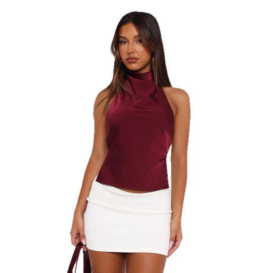Damen Elegantes Hochgeschlossenes Top aus Satin EB