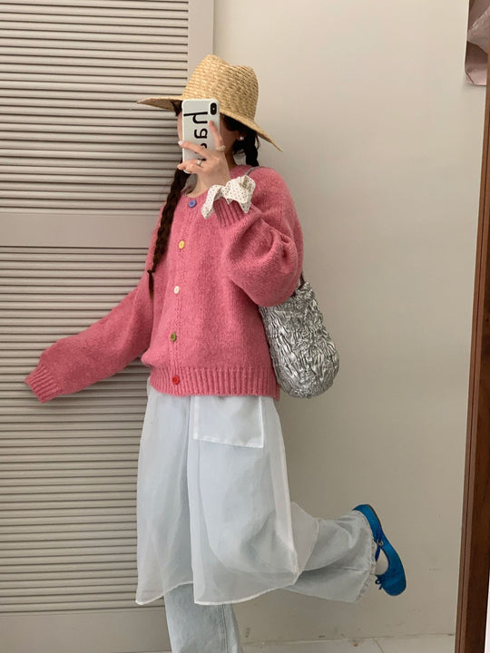 Damen Kuschelige Strickjacke mit bunten Knöpfen und lockerer Passform EB