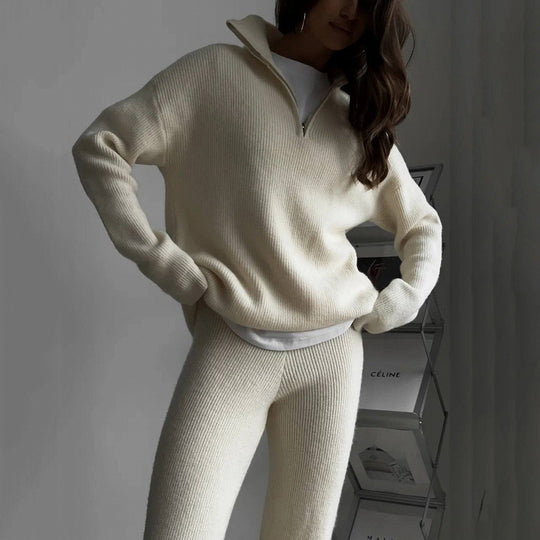 Damen nan geripptes Strick-Lounge-Set mit Halbzip-Pullover und hochgeschnittener Leggings EB