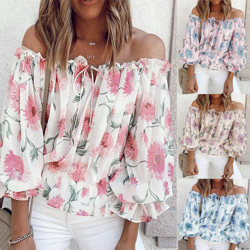 Damen Off-Shoulder Bluse mit floralen Mustern und Rüschendetails EB