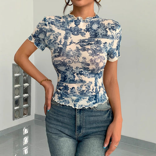 Damen Kurzes T-Shirt mit kreativem Druck und elegantem Stehkragen EB