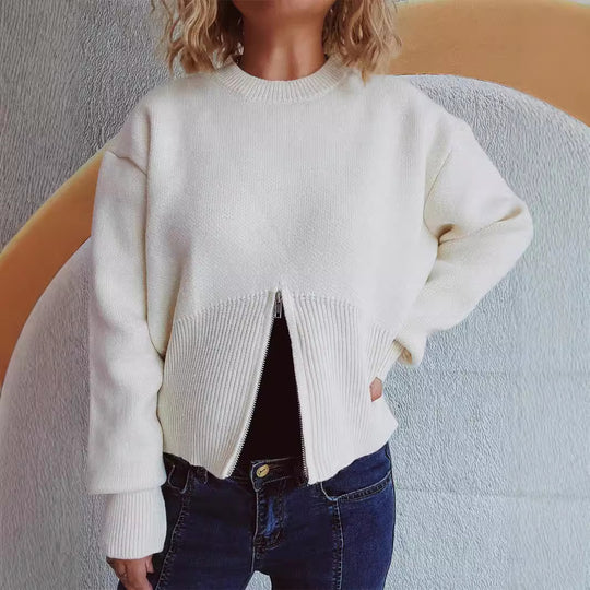 Damen gestreifter Pullover mit trendbewusstem Reißverschluss EB