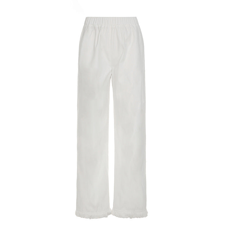 Damen Weite Baumwollhose mit elastischem Bund und femininen Fransen EB