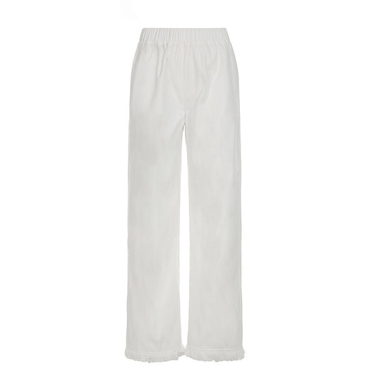 Damen Weite Baumwollhose mit elastischem Bund und femininen Fransen EB