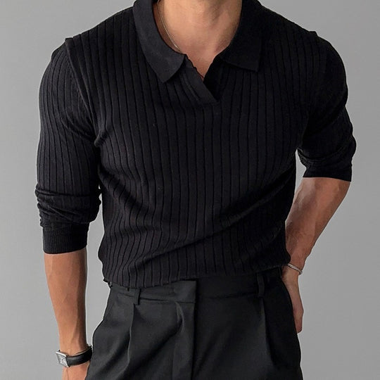 Herren nan figurbetontes Rippstrick-Polopullover mit offenem V-Ausschnitt und schmaler Passform EB