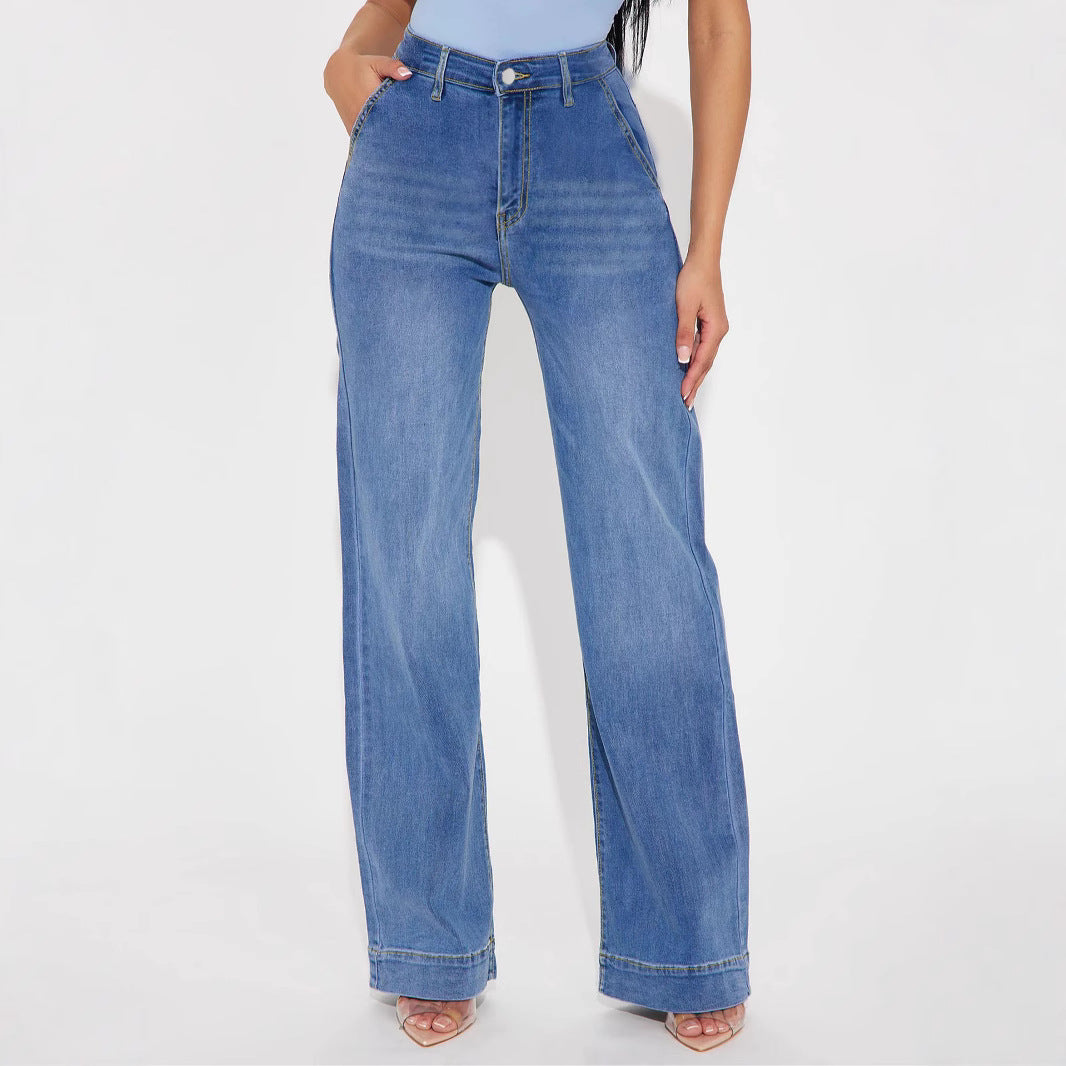 Damen Weite Denim-Hose mit hoch geschnittenem Bund und lässigem Schnitt EB
