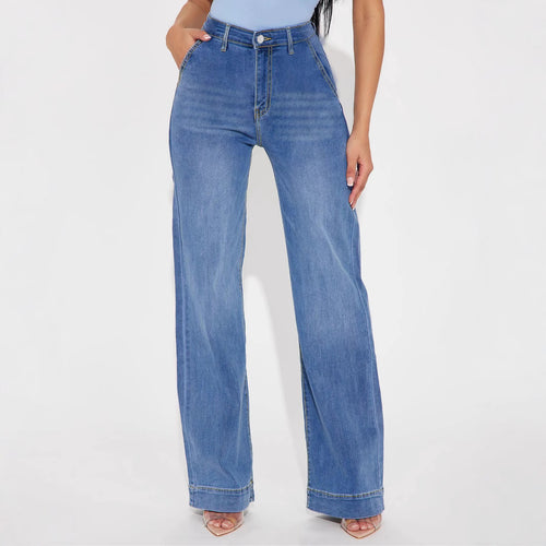 Damen Weite Denim-Hose mit hoch geschnittenem Bund und lässigem Schnitt EB