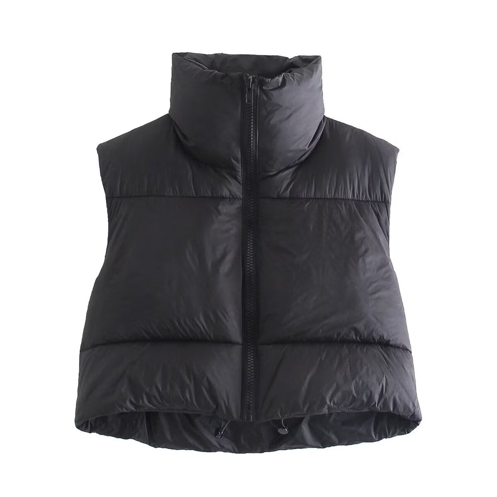Damen cropped Daunenweste mit hohem Kragen und praktischen Taschen EB