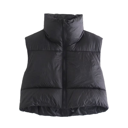 Damen cropped Daunenweste mit hohem Kragen und praktischen Taschen EB
