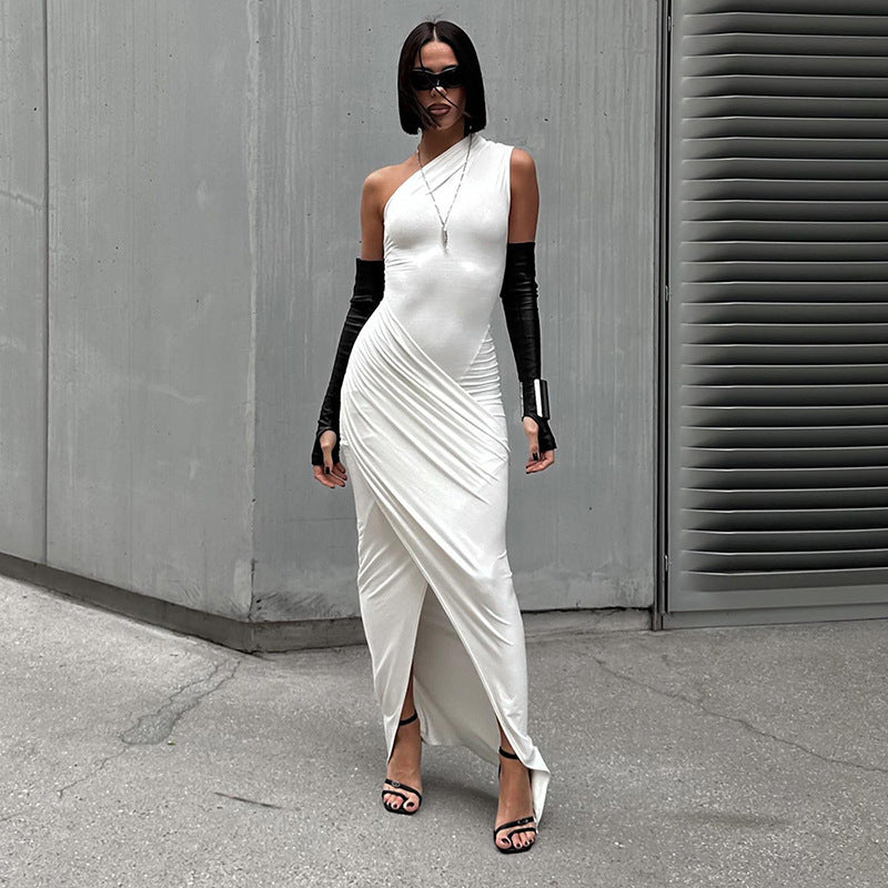 Damen elegantes Bodycon Abendkleid mit asymmetrischem Ausschnitt und Schlitz EB
