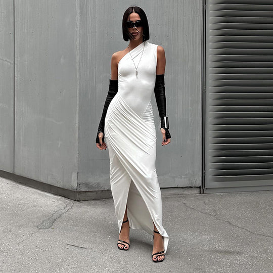Damen elegantes Bodycon Abendkleid mit asymmetrischem Ausschnitt und Schlitz EB